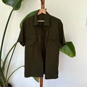 Short Sleeve Dress Shirt Forest Green with Brown Buttons
